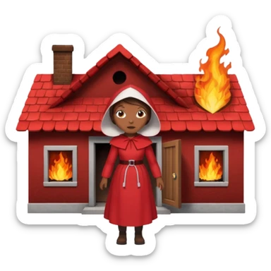 handmaids tale style woman burning house down walking away from house. shes wearing the nun hands maid tale hat cant see her face with brown hair shes wearing the red handmaids tale costume with white bonnet. walking away from the house sticker