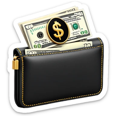 Rich emoji style black leather wallet with dollar bills, luxury money vibe, premium 3D emoji, ultra clean, high detail, no background
 sticker