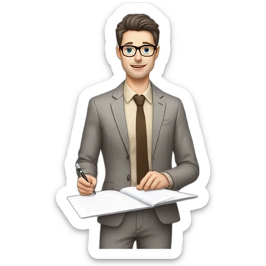 Pale skinned fit man with dark brown hair in gray jacket, beige office shirt, brown tie, brown pants and vintage glasses Writing text on a flipchart sticker