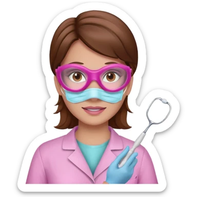 Dentista mujer con mascarilla rosada, cabellos marron, piel blanca, camisa rosada, ojos marrones sticker
