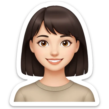 Young woman with dark brown bangs, natural light makeup, friendly smile sticker