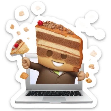 Person frantically devouring cake while working on a laptop sticker