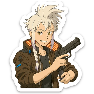 1 female, gold yellow eyes, white hair lavender tips, long white braid, unruly locks in front, mohawk, wearing trademark cyberpunk jacket with the lit up inner collar, reloading a m9 pistol with a smirk sticker
