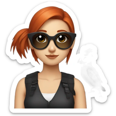 Bad Redhead girl bun Sun glass bun and wearing black with a cockatiel in the shoulder sticker