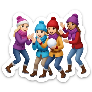 a group of friends having a snowball fight, winter hats and scarves, playful sticker