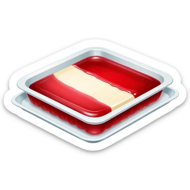 Flat Red Gelatin dessert in a tray no toppings sticker