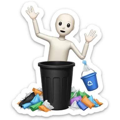 give me a white stickman and a black trash can and trash and make the man throw some trash can and make the background black  sticker