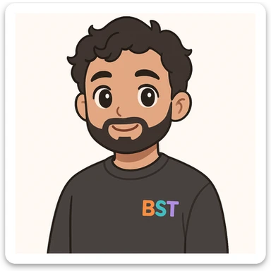 2D digital anime-style portrait of a young adult male with medium skin tone, short wavy black hair, almond-shaped black eyes, and a full beard. Wearing a plain dark grey or black sweatshirt with the BST logo in vibrant colors (orange, teal, purple, blue) on the left chest. Solid black background. Facing forward with a slight smile (no teeth). Soft and flat lighting, clean anime lines, smooth shading. Professional, cohesive team style. sticker