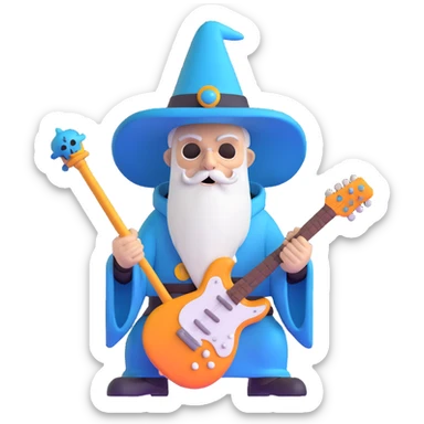 wizard with electric guitar staff, heavy metal, skull decorations sticker