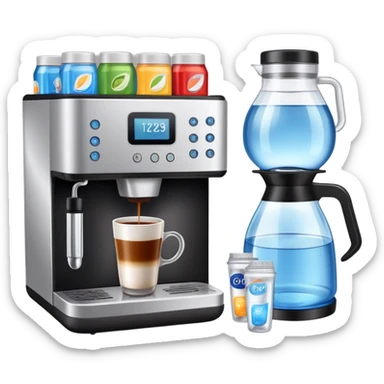 A coffee machine with coffee capsules, tea bags, and bottled water – cozy and welcoming style sticker