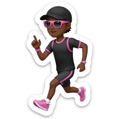 Un uomo che corre vestito completamente di nero, con un cappellino nero, occhiali da sole da bambino rosa sticker