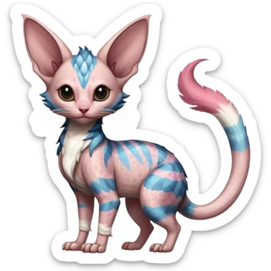 Furry, fluffy tropical flecked painted feathery scaly, colorful, Minccino-Sphynx-Lykoi-Linoone-Zangoose-fusion-hybrid-animal-Fakémon-creature, full body, thin long sleek scaly tail, intricate markings sticker