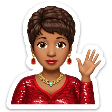 Aretha Franklin with dark brown hair, red sequin outfit sticker
