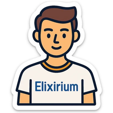 young man wearing white t-shirt with the word 'Elixirium' written on the t-shirt, colorful outline icon style sticker