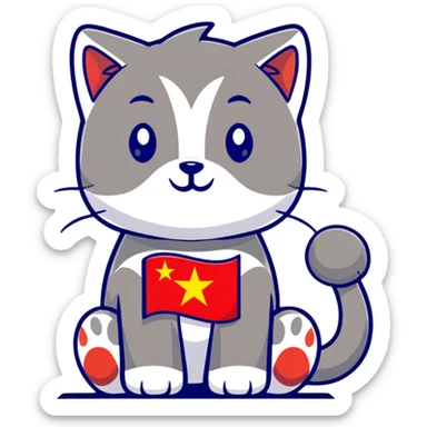 cat, dog, wolf, Vietnam flag, tree, elephant, and a glass all together in cartoonish sticker style sticker