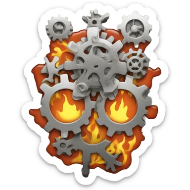 A bare brain made out of gears with flames licking out from between the gears sticker