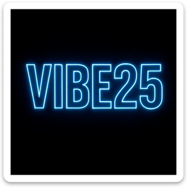 Refine the VIBE25 logo for small size readability. Keep the bold, simple lettering and neon blue glow. Ensure a clear, strong Tron-style outline remains around the letters. Maintain the solid black background and futuristic look. Focus on clarity and strong outlines for small scale visibility. sticker