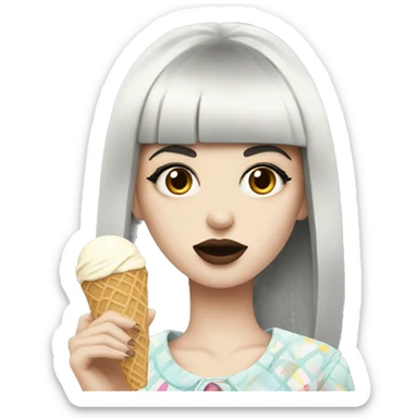 Portrait chanel clothes Girl pale skin with long black  bangs eating icecream  sticker
