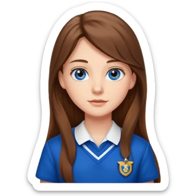 high school class room with a pretty female high school student with long brown hair, blue eyes sticker