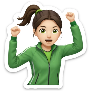 A brunette pony tail hair girl in a sporty green jacket, jumping slightly while cheering loudly. sticker