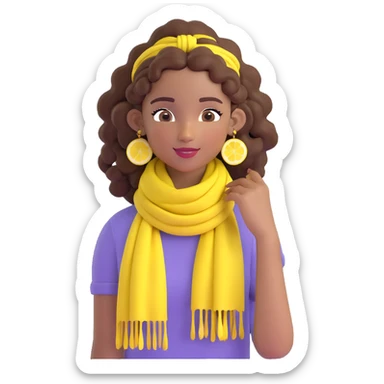 bohemian girl emoji, brown skin, long curly brown hair up, lemon yellow scarf, round earrings, free-spirited vibe sticker