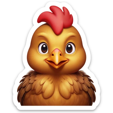 Cinematic Cute Brown Chicken Portrait Emoji, Head tilted playfully and inquisitively, featuring a lustrous brown feathered coat with a natural sheen and a subtle red comb, round, sparkling beady eyes filled with curiosity, Simplified yet irresistibly adorable features, highly detailed, glowing with a warm, friendly glow, high shine, affectionate and lively, stylized with a touch of country charm, bright and endearing, soft glowing outline, capturing the essence of a mischievous yet loving chicken, so playful it feels like it could peck out of the screen and into your arms! sticker