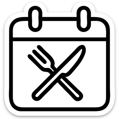 minimalistic bold black-and-white icon, square, flat, no gradients, modern calendar outline with a fork and knife forming an X inside, clean geometric lines, inspired by Netflix and Lifesum, vector style, suitable for dark and light mode sticker
