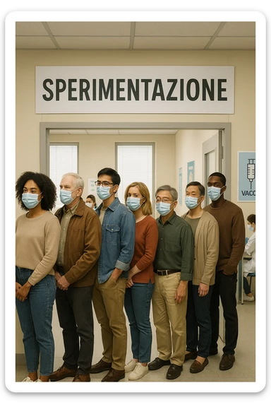 donne e uomini che fanno fila per i vaccini, chiamati "Sperimentazione" sticker