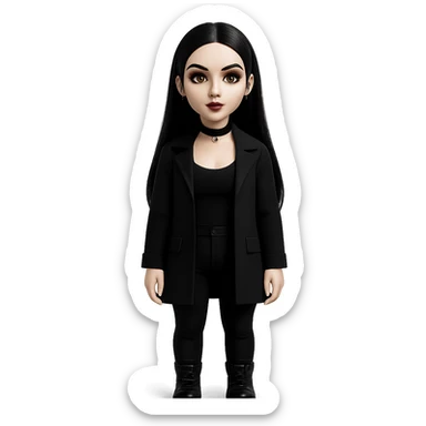 Make the woman more attractive with facial piercings, remove her fringe, dress her in gothic clothing, keep her pale skin and long straight black hair, standing still, with no background. sticker