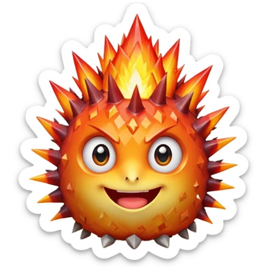 spiky mineral rock characterA single spiky crystal rock character, compact and round with many chunky flame-like spikes, glowing red–orange–yellow gradient like fire, faceted crystal texture, cute face with big shiny eyes and excited smile,

 sticker