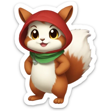 Cute, Chibi, chubby, fluffy, Kemono-style, Anthro, Fur-Sona, Dark-Red, Squirrel-Rabbit-hybrid-Fakémon, with a green bandana, full body sticker