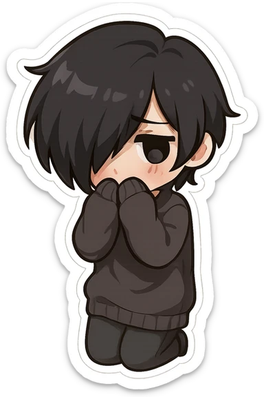 emo teen with dark hair covering one eye, chibi style, oversized sweater, shy pose, pale skin, no background sticker
