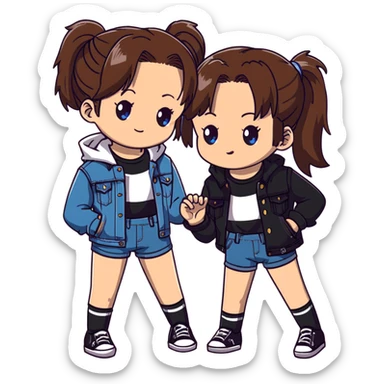 Two anime girls who are best friends, both with brown shoulder length hair. First girl has blue-green eyes, wearing black and white striped t-shirt, denim jacket, and denim shorts. Second girl has brown eyes, wearing denim overalls, with hair in a ponytail secured by a claw clip. sticker