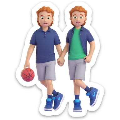 a smiling boy with wavy ginger hair, short sides and longer on top, green grey eyes, dark blue shirt, holding a Jordan sneaker sticker