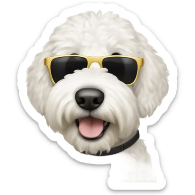White golden doodle with sunglasses and a smirk sticker