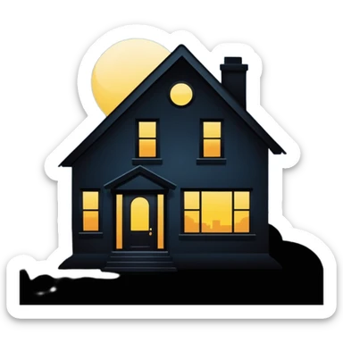 Minimalist emoji-style sticker of a house silhouette at night with a single lit window, and an eye visible inside. Flat, dark, quiet style.
 sticker