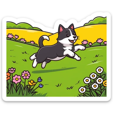 dog chasing cat in a sunny meadow with flowers sticker