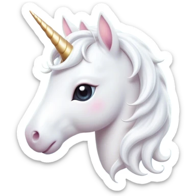 Cinematic Cute White Unicorn Portrait Emoji, Head tilted playfully and inquisitively, featuring a charming, petite form with a silky white color, a delicately flowing mane and tail, and a tiny, sparkling horn, with large, dreamy eyes full of wonder, Simplified yet irresistibly adorable features, highly detailed, glowing with a warm, enchanting glow, high shine, affectionate and lively, stylized with a touch of fairy-tale whimsy, soft glowing outline, capturing the essence of a mischievous yet endearing white unicorn that seems as if it could gallop out of the screen into your heart! sticker