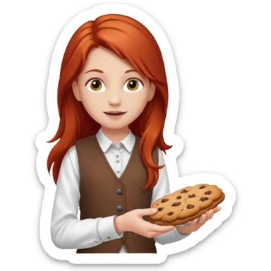 white girl scout with red long hair selling cookies with a brown vest and white shirt under vest. She should be around 10 years old sticker