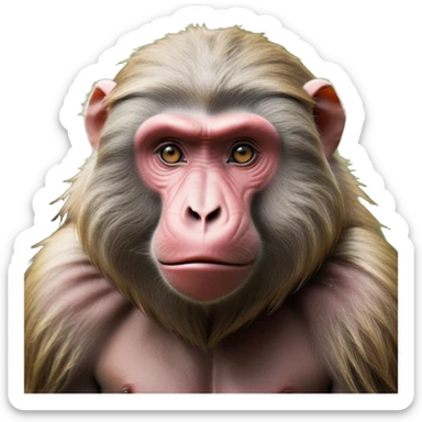 Cinematic Realistic Noble Baboon Portrait Emoji, Poised and commanding, with a robust, muscular build and a richly textured face marked by prominent brows, a powerful jawline, and deep, soulful eyes rendered in natural earthy tones, high shine, intelligent and bold, styled with an air of wild majesty, focused and attentive, soft glowing outline, capturing the essence of a watchful and confident baboon that exudes raw, regal power! sticker