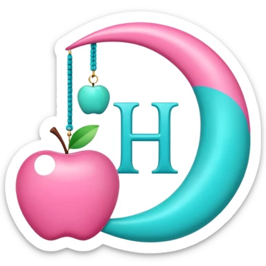 Pink crescent moon with the letter H hanging from moon tip next to a turquose apple hanging next to it sticker