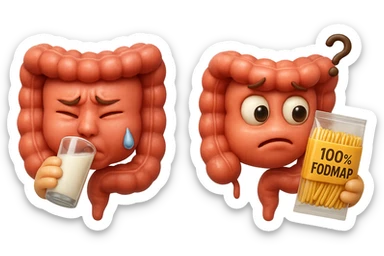 emoji stile iphone di un intestino che beve latte e ha un espressione di dolore e un intestino che guarda un pacco di pasta con la scritta "100% FODMAP" SULL'ETICHETTA CON ESPRESSIONE CONFUSA, iperrealistico 4k, isolato su sfondo bianco sticker