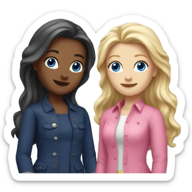 two girls best friends stand for a photo, one brunette with long hair, blue eyes in pink clothes, the second blonde with gray eyes long hair in navy blue clothes sticker