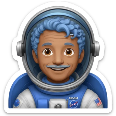 old man, brown skin astronaut with curly blue hair, smile sticker