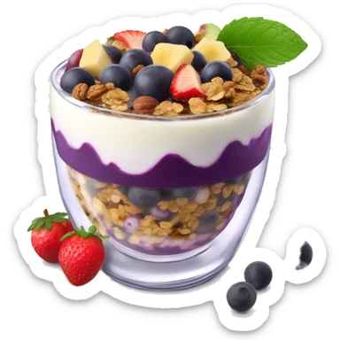 Açaí in a clear cup with layers of fruits and granola and condensed milk sticker