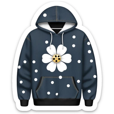The BLACK Denim Tears Hoodie features a black base with distinctive white and black  open flower spots with empty space in the middle, These hollow ring-like patterns are scattered across. BLACK AND WHITE FLOWERS sticker