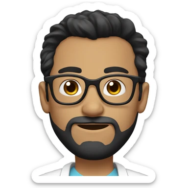 male doctor with full short beard, has black hair in a ponytail and wears black glasses sticker