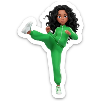 White curvy female with super wavy black hair doing a high kick wearing a green track suit sticker