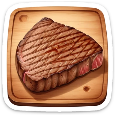 A thick, juicy steak with grill marks on the surface, slightly curved edges, and a reddish-brown seared texture. One side may have a white fatty edge or a small round bone. It appears tender, fresh off the grill, with a delicious, smoky look sticker