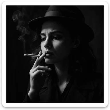 a girl smoking, noir style, dramatic lighting, moody, black and white, cinematic sticker